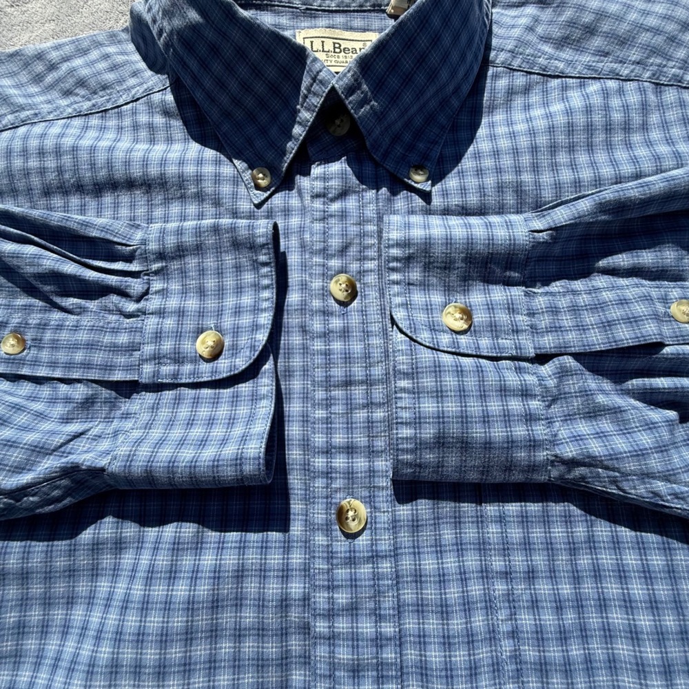 LL Bean Mens Large Tall Blue Plaid Button Down Shirt 100% Cotton Long Sleeve - Picture 13 of 13